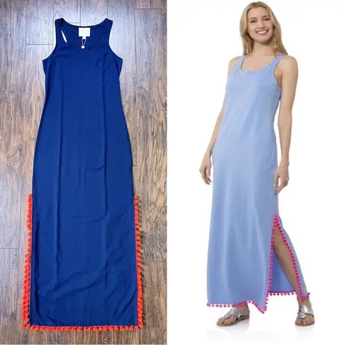 Sail To Sable STS • Racerback Pom Pom Maxi Dress navy blue cotton jersey knit orange trim