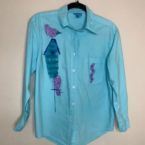 SeaSalt Aqua Button Up Shirt Sz Small Handpainted Blue