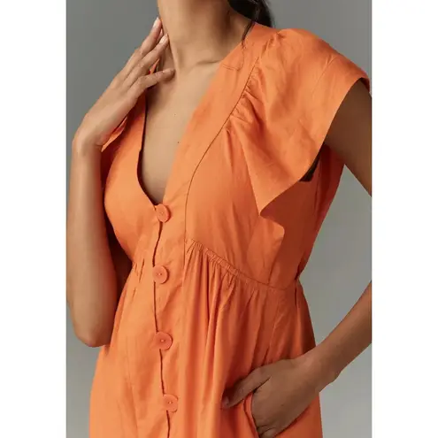 Anthropologie Renee Dress Womens Small Midi Orange Linen Flutter Sleeve Boho