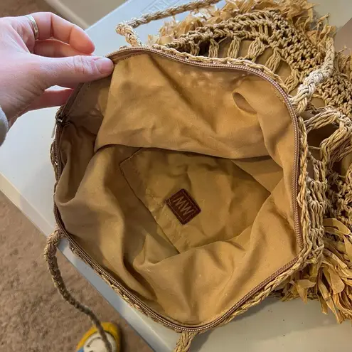 MW Tan Natural Fiber Straw Fringe Raffa Crochet Square Tote Shoulder Bag