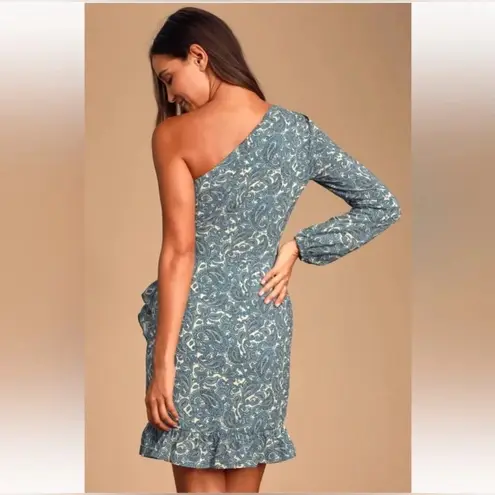 WAYF Michelyne Blue Paisley Mini Dress One Shoulder Ruffled Ruched Formal NWT