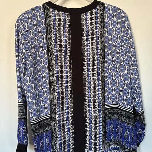 NYDJ Blue Black White Boho Mixed Print V-Neck Blouse Top Size Small