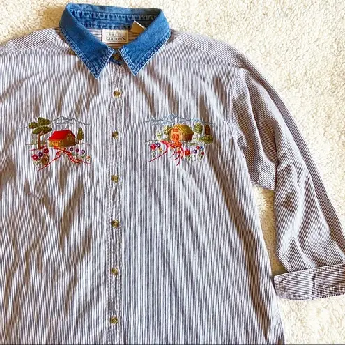 basic editions 90s Embroidered Farm Denim Collar Blue White Button-down Size L