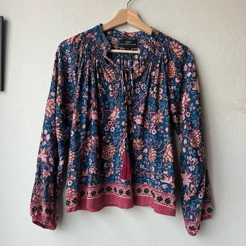 Natalie Martin Nat by Natalie Martin Blue Floral Print Tassel Peasant Blouse Size Small
