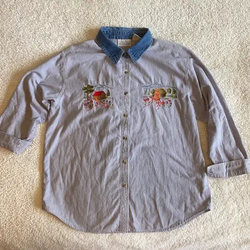 basic editions 90s Embroidered Farm Denim Collar Blue White Button-down Size L