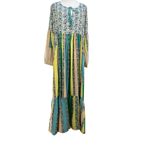 Ro's Garden Igor Dress Floral Stripes Green Teal Long Sleeves Maxi Size XL