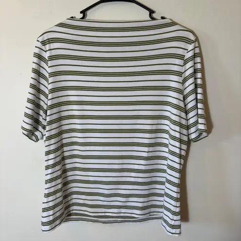 Joie Striped Boat Neck Tee Top White Olive Green XL/TG Short Sleeve