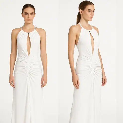 Commense White Sleeveless Ruched Front Keyhole Neckline Halter Maxi Dress Large
