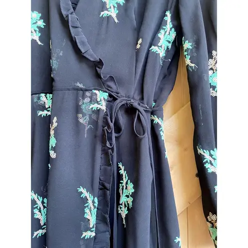 Sandro Paris Embroidered Faux Wrap Midi Black Ruffled Dress Size 1 Small FR 36