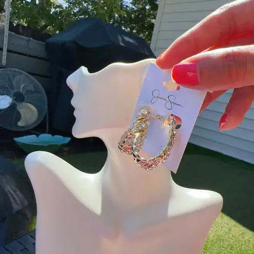 Jessica Simpson  earrings diamonds paved luxury gold tone half loop