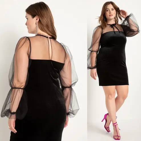 Eloquii Sheer Yoke Velvet Mini Dress in Black