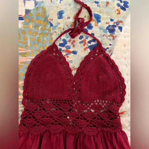 LILBETTER XS Red Wine Burgundy Crochet Lace Maxi Halter Neck Backless Dress NWT