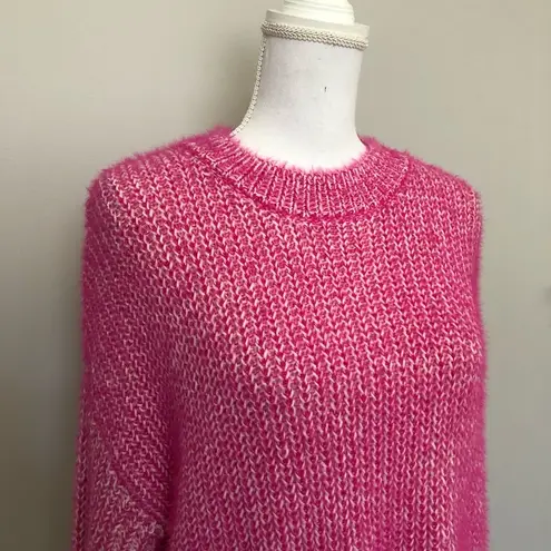 Elodie Sweater Knit Fuzzy Crewneck Eyelash Mid-Weight High Neck Hot Pink White