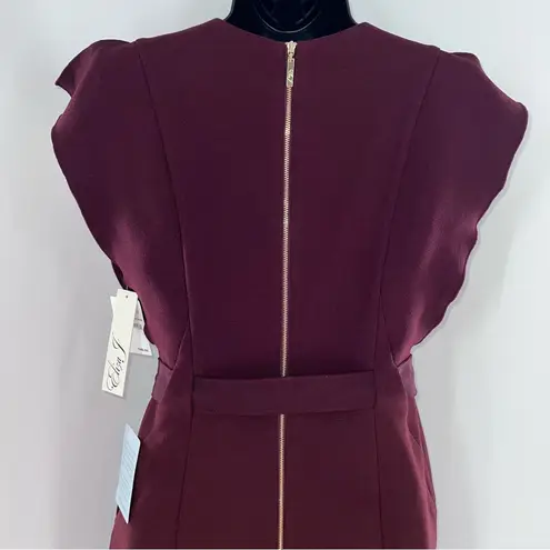 Eliza J Deep Burgundy Sheath Midi V-Neck Dress w/Reversible Fabric Belt-Size 0