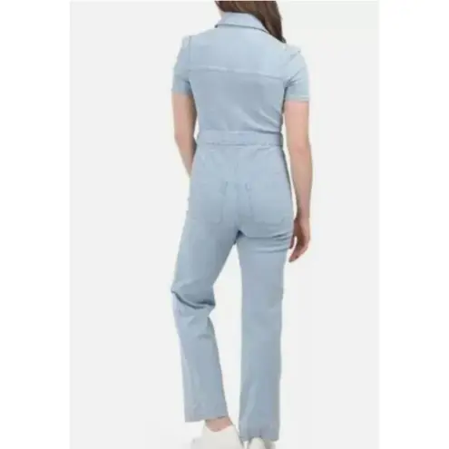 Avec Les Filles Denim Blue Wide Leg Belted Short Sleeve Fitted Jumpsuit Sz 29
