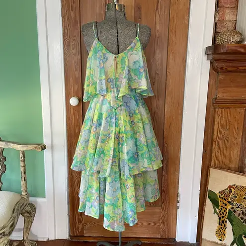 Vintage 70s Vicky Vaughn Pastel Floral Handkerchief Hem Dress Fairycore Sz S💛 Green