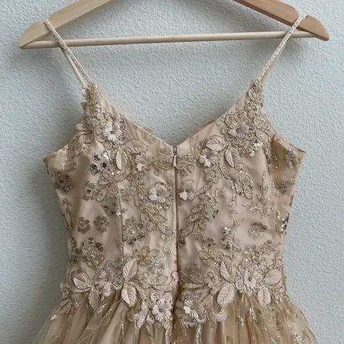 Dancing Queen Gold Beige Floral Glitter Tinker Bell Fairy Princess Tulle Dress