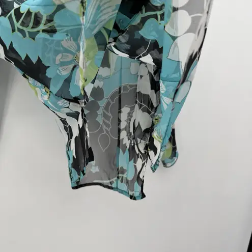 Cove Collections Black & Blue Floral Ruffle Sheer Blouse Y2k Retro Size Medium