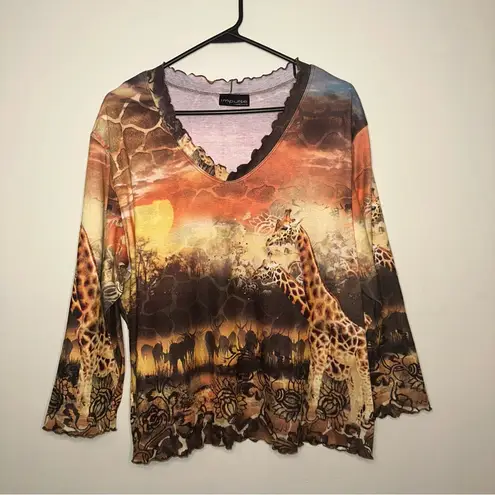 Impulse California Giraffe Lettuce Trim Long Sleeve Top Savanna Wildlife Animals Brown Size 2X