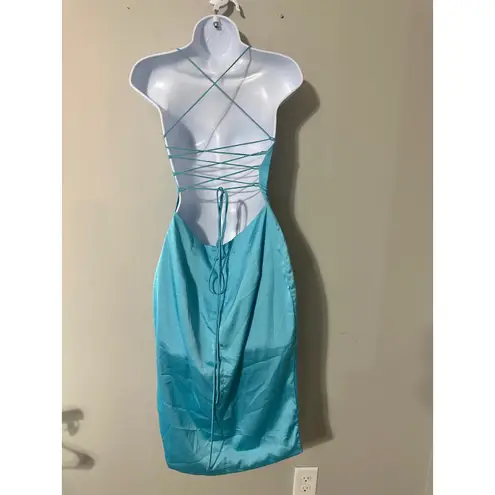 Meshki Baby Blue Satin Mini Dress Spaghetti Straps Backless Lace Up Size S