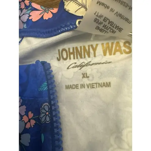 Johnny Was XL Blue Dove Surf Shirt Floral Swim Rash Guard Short Sleeve $178 NWT