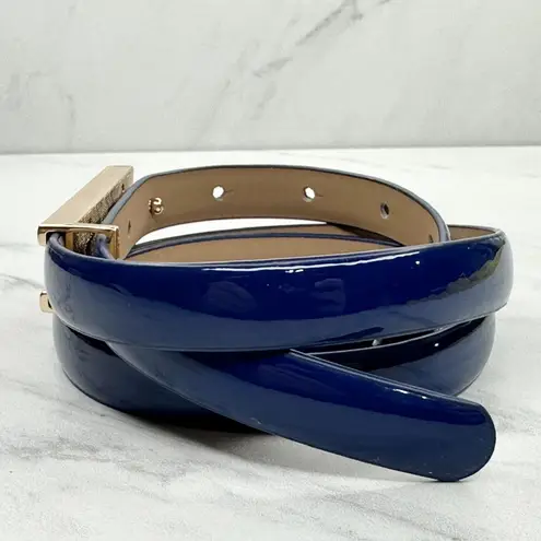 Blue Skinny Faux Leather Belt Gold Hardware Small Medium S/M ✨