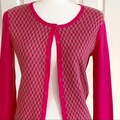 Old Navy  Cardigan Sweater Fuchsia Tan Geo Print Crew Neck Button Front Small NEW