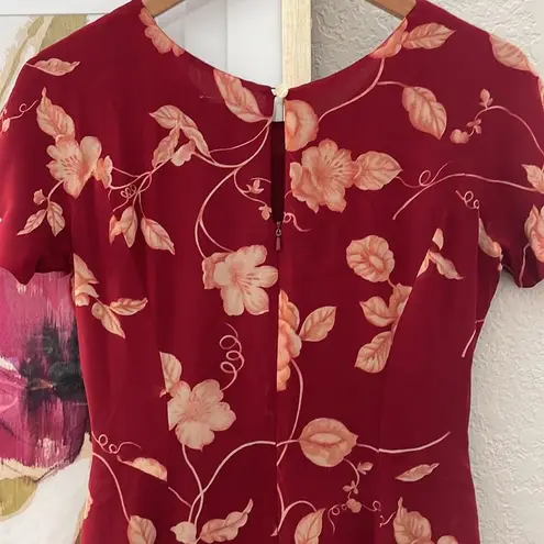 J. Peterman Company Silk Floral Dark Red Midi Dress Cottage Garden Shower Brunch Size 2