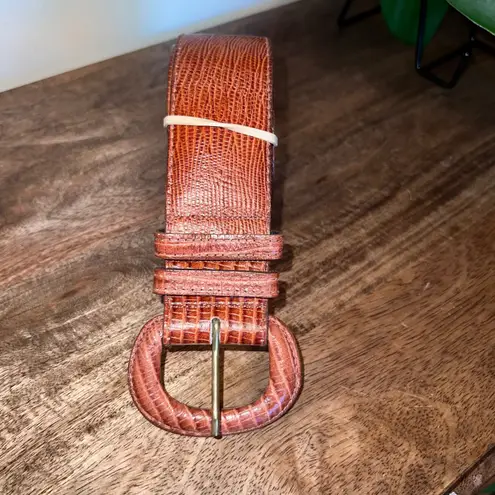 JOS A BANK Leather Lizard Embossed Wide Belt Women Large Tortoise Shell Buckle Brown