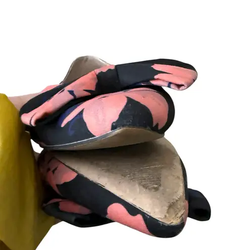Anthropologie  Shoe SlipOn Bow Floral Print Satin Point Toe Blue Pink Blk. 8.5