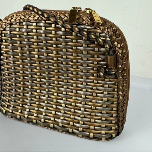 Vtg CEM Gold Metallic Woven Leather Crossbody Bag Full Zip