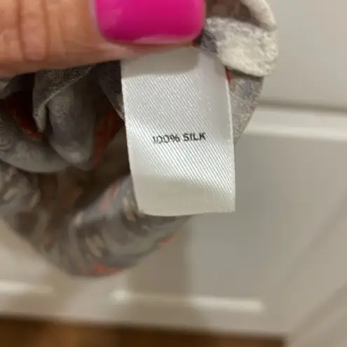 Hinge Gray Floral with Orange Flowers Spaghetti Strap Gathered Waist Silk Dress