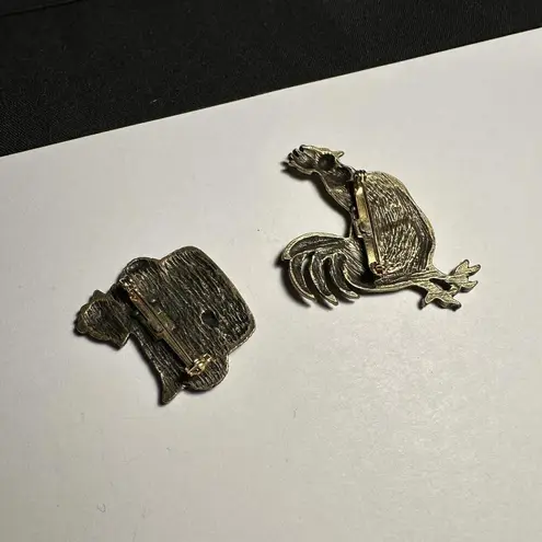 Lot Of 2 Chicken Bird Brooch Pins Rooster / Hen In A Basket