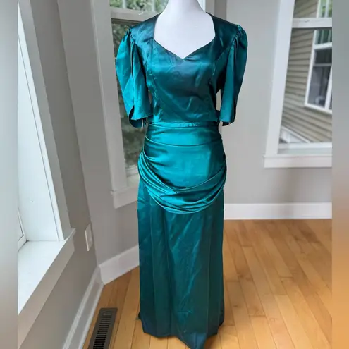 Vintage 80s Dk Green Satin Backless Oversized Bow Floor Length Prom Dress AS IS Size undefined
