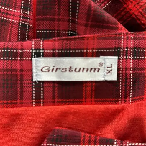 Girstunm Red Plaid Retro Style Classic Tea Short Sleeve Swing Party Dress Size XL