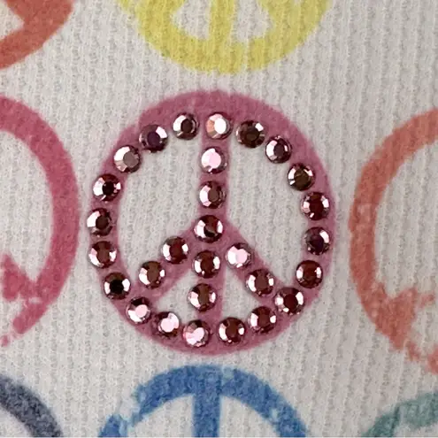 Awake Inc White Peace Sign Rainbow Rhinestone Waffle Tshirt Large Hippie Grunge