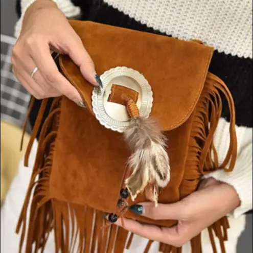 Bohemian Feather Tassel Beading Shoulder Crossbody Bag NWT Brown
