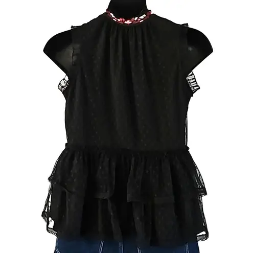 Kate Spade NWT  Black Camellia Embroidered Ruffle Peplum Blouse Women’s Large