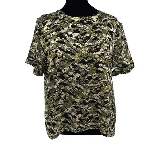 T Tahari  Womens Burnout Boxy Camo Abstract Short Sleeve Top Olive Medium NWT