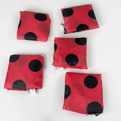 IKEA Skynke Polka Dot Nylon Reusable Shopping Bag Tote Red Black Set of 5