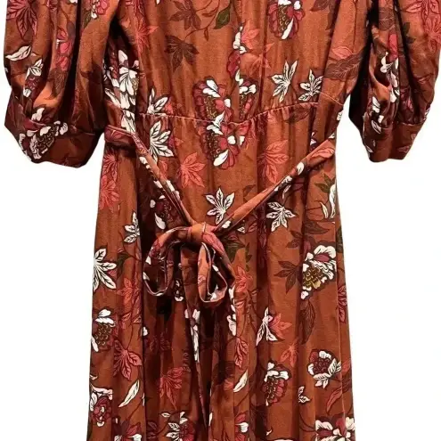 ELOQUII Elements Floral Print Midi Wrap Dress with Puff Sleeves, 16 Brown