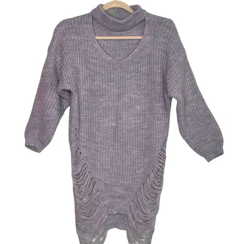 Women's Distressed Loose Relaxed Knit Chunky Oversized Frayed Sweater Tunic Purple Size M