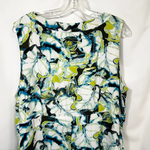 Midnight Velvet XL Dress Green White Blue Floral Sleeveless Faux Wrap Boho 1104