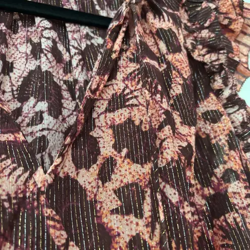 Ulla Johnson Dira Top Bordeaux Metallic Ruffle Size 6 Flutter Sleeve Tassel Tie