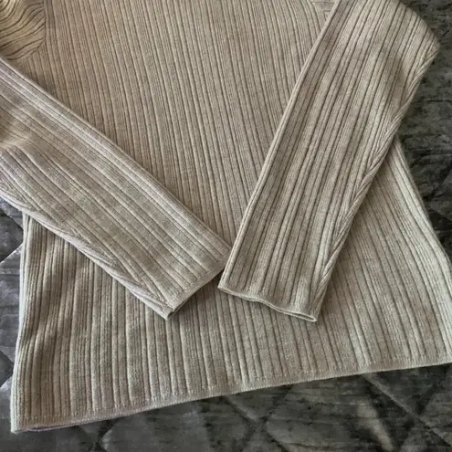 Halston Womens Medium Ribbed Turtleneck Sweater Extra Fine Merino Wool Beige Tan