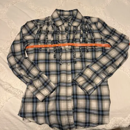 Seven7 Pleated Ruffle Blue Plaid Pearl Snap Button Front Long Sleeve Top Medium - Image 9