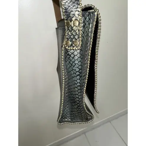 1992 Nina Arjani Leather 12x10" Shoulder Bag Cross Body Metallic Gold Snakeskin Black