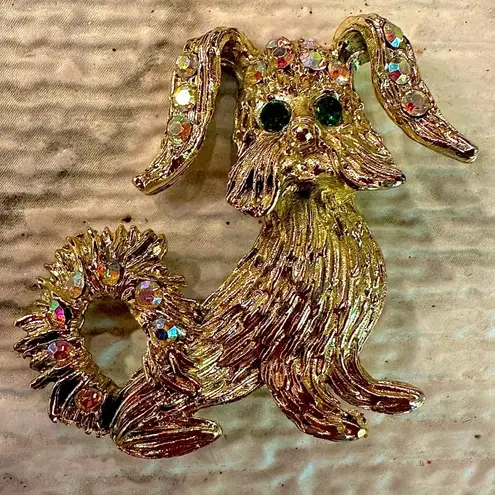 Vintage Multicolored Rhinestones Gold Tone Puppy Dog Lapel Pin Brooch