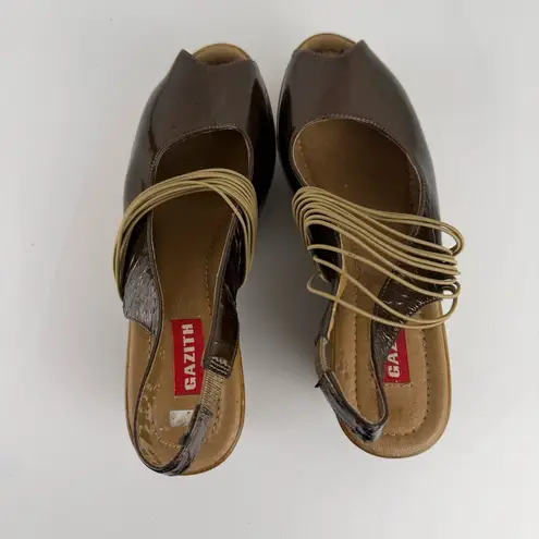 Gazith Brown Patent Leather Wooden Platform Sandals Size 8.5
