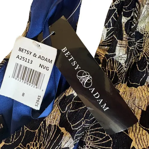 Betsy and Adam NWT Gwen Foil Flower One Shoulder Evening Gown Womens 8 Navy/Gold